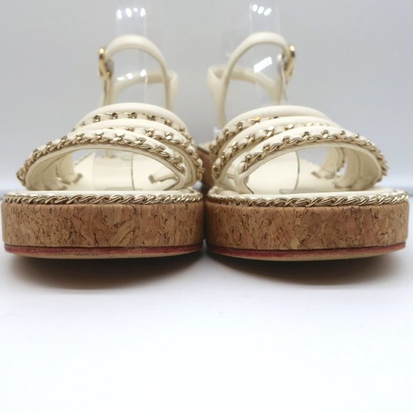 CHANEL CORK PLATFORM SANDALS CREAM CHAIN-TRIM LEATHER SIZE 37.5 CC ANKLE STRAP - Picture 5 of 12